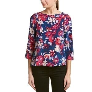 Yumi Kim Turn Around Floral Open Back Silk 3/4 Sleeve Top Blouse Navy Pink Small